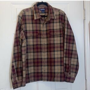 VTG, Lands End Plaid Men's Shirt in Burgundy and Beige 💯 Wool Size L 16-161/2